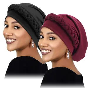 2pcs/set Braided Turban Hats Classic Solid Color Head Wraps Elastic Breathable Beanies Ramadan Headscarf Chemo Cap