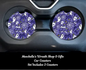 3D Puff Halloween Theme Car Coasters, 2-Pack, Neoprene & Ceramic Material, Stylish Functional Automotive Interior Decor That Protects Cups, Protect Cups