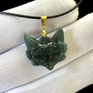 Natural Dark Green Jade Jadeite Carved 'FOX MASK' Pendant, 22x22x5 mm, Free Necklace