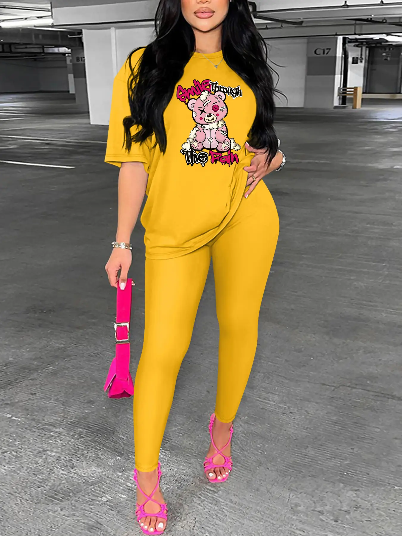 Women's Casual Cartoon Bear Print Short Sleeve Top + Long Pants Set, Fitted Thin Fabric, All Seasons Outdoor Home Sports Wear, Loungewear, Pajama Set, Womenswear
