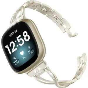 Metal Band Compatible with  Versa 4/Versa 3/Sense/Sense 2 Bands for Women, Dressy Stainless Steel Bling Rhinestone Link Bracelet Wristband Replacement Strap