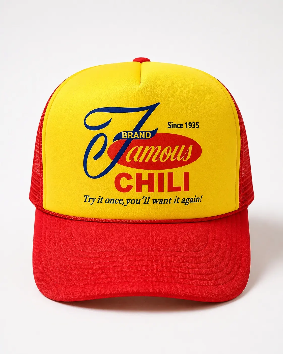 Unisex 4-Star Chili Trucker Hat - Adjustable Polyester All-Season Cap, Bright Red-Yellow Design with 1935 Classic Logo Print - Ideal for Chili Enthusiasts