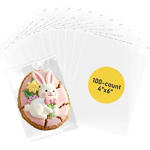 100 count Clear Self Sealing Cellophane Bags, 4x6 Inches Easter Cookie Bags Resealable Cellophane Bag for Packaging Cookies, Candy and Products