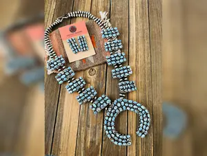 Navajo Golden Hills Turquoise & Sterling Silver Squash Blossom Necklace Set by Ben Yellowhorse