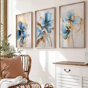 3 Pieces Abstract Blue Floral Modular Art Prints, Modern Wall Mural, Fresh Elegant Home Art, Contemporary Gallery Decor, Blue Tone Painting, Wall Decor for Living Room and Bedroom, Framed or Unframed.