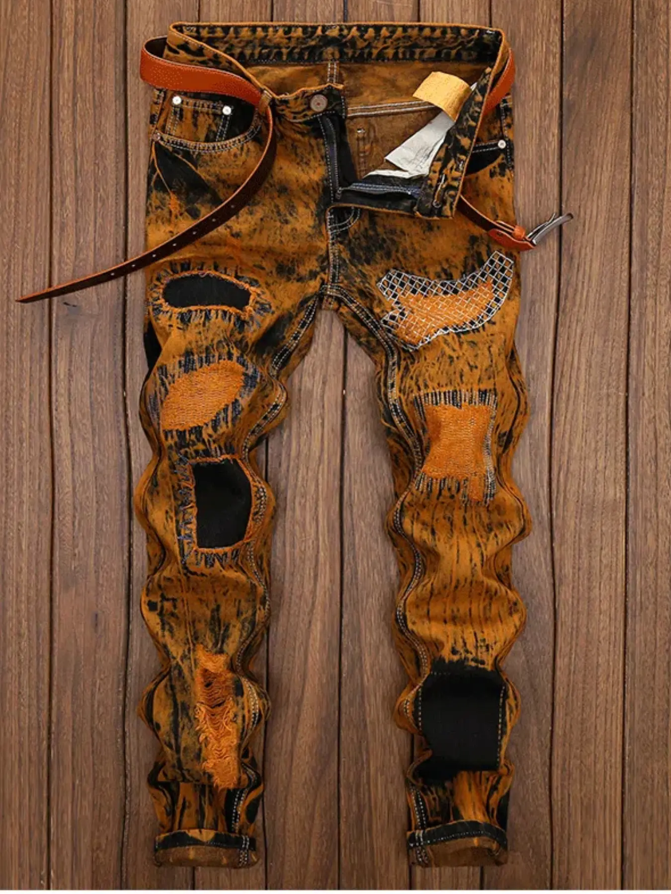 Men's ripped straight-leg fitted fabric motorcycle jeans Menswear Streetwear Denim Trouser