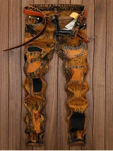 Men's ripped straight-leg fitted fabric motorcycle jeans Menswear Streetwear Denim Trouser