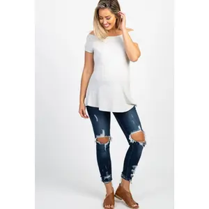 Navy Distressed Raw Cut Maternity Skinny Jeans