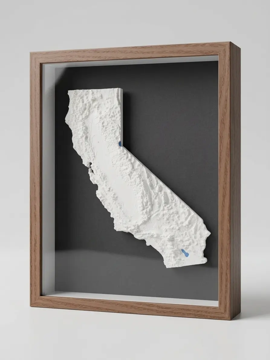 California 3D Topographic Map Art, Sierra Nevada Raised Relief Shadow Box, Home Decor Wall Art for Living Space