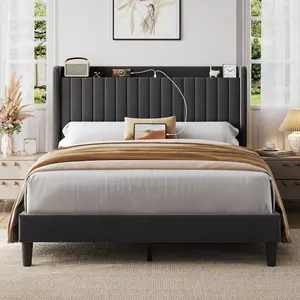 【Limited time deal】BM-CZW  Queen Bed Frame with USB Charging Station and Storage Shelf/Upholstered Headboard Platform Bed with Wing Side/Wooden Slats Support/Noise Free/No Box Spring Needed/Easy Assembly, Dark Grey