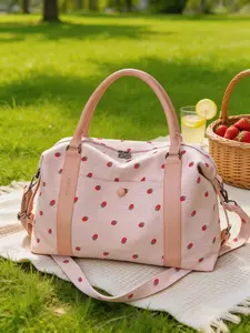 1pc Kawaii Duffle Bag | Strawberry Print Travel Bag, Corduroy Weekender Bag with Detachable Strap, Spacious for Overnight & Weekend Trips
