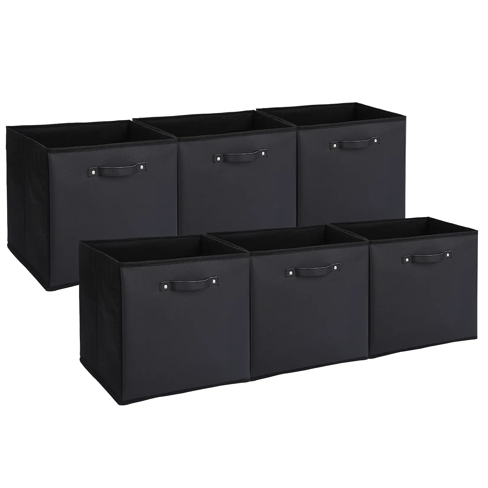 6-Pack 13 Inch Fabric Storage Bins with Faux Leather Handles, Foldable Cube Organizer Baskets for Shelves and Closet, Collapsible Storage Boxes for Clothes Toys, Black