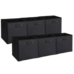 6-Pack 13 Inch Fabric Storage Bins with Faux Leather Handles, Foldable Cube Organizer Baskets for Shelves and Closet, Collapsible Storage Boxes for Clothes Toys, Black