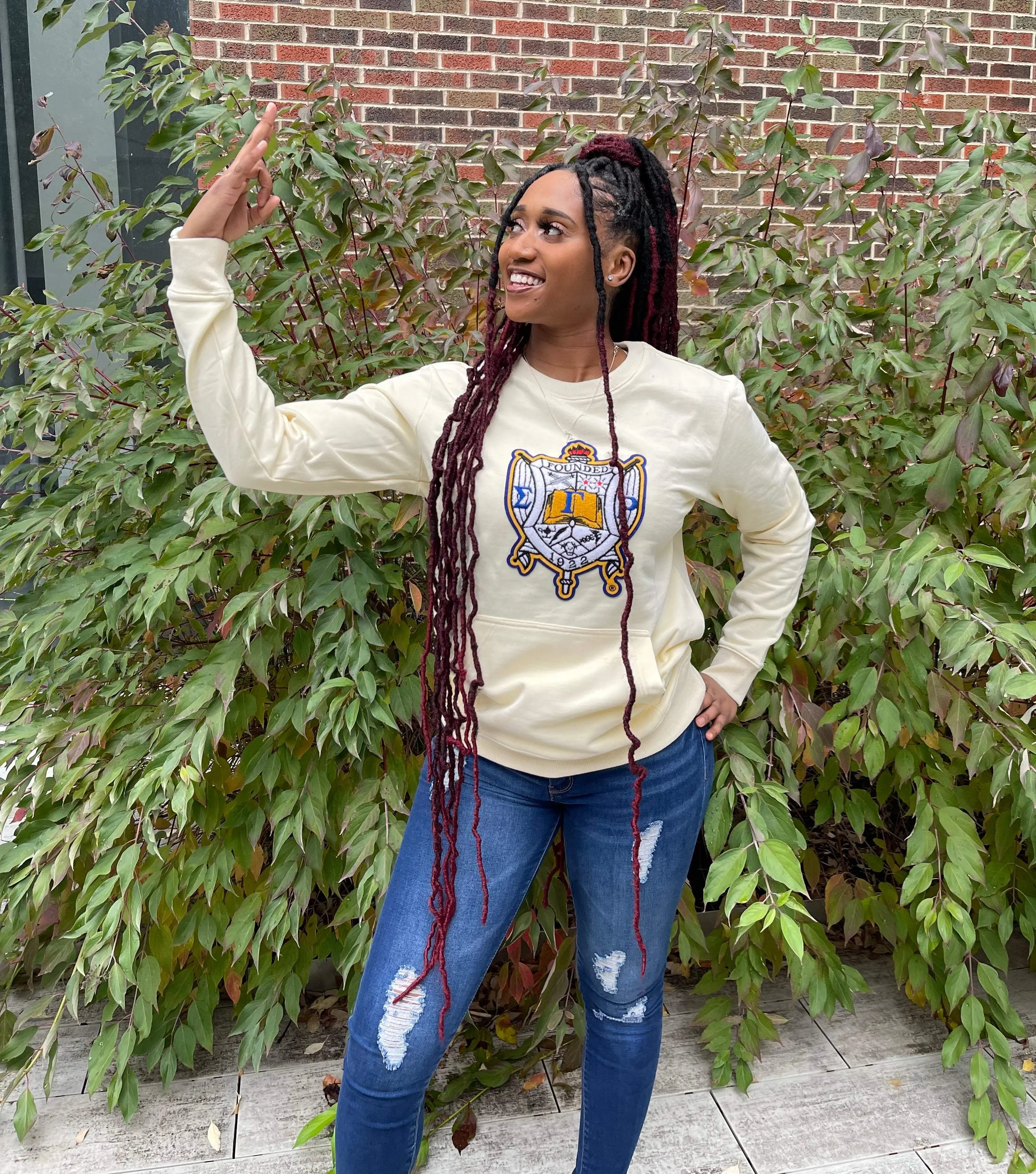 SGRho Crest Nuetral Chenille Pocket Crewneck