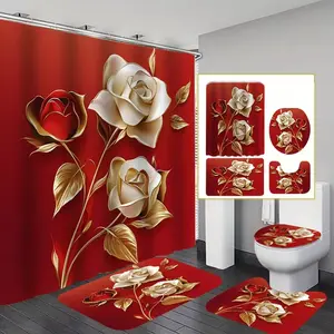1/4-piece Valentine's Day Gold Rose Shower Curtain Set, includes a non-slip mat, U-shaped rug, and toilet seat cover, perfect for bathroom decoration, Bathroom decoration accessories, comes with 12 shower curtain hooks