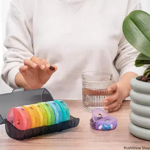 14 Compartments Colorful Weekly Pill Box, 7 Day Portable Plastic Pill Organizer, Lightweight Travel Medicine Storage Dispenser Desktop Container