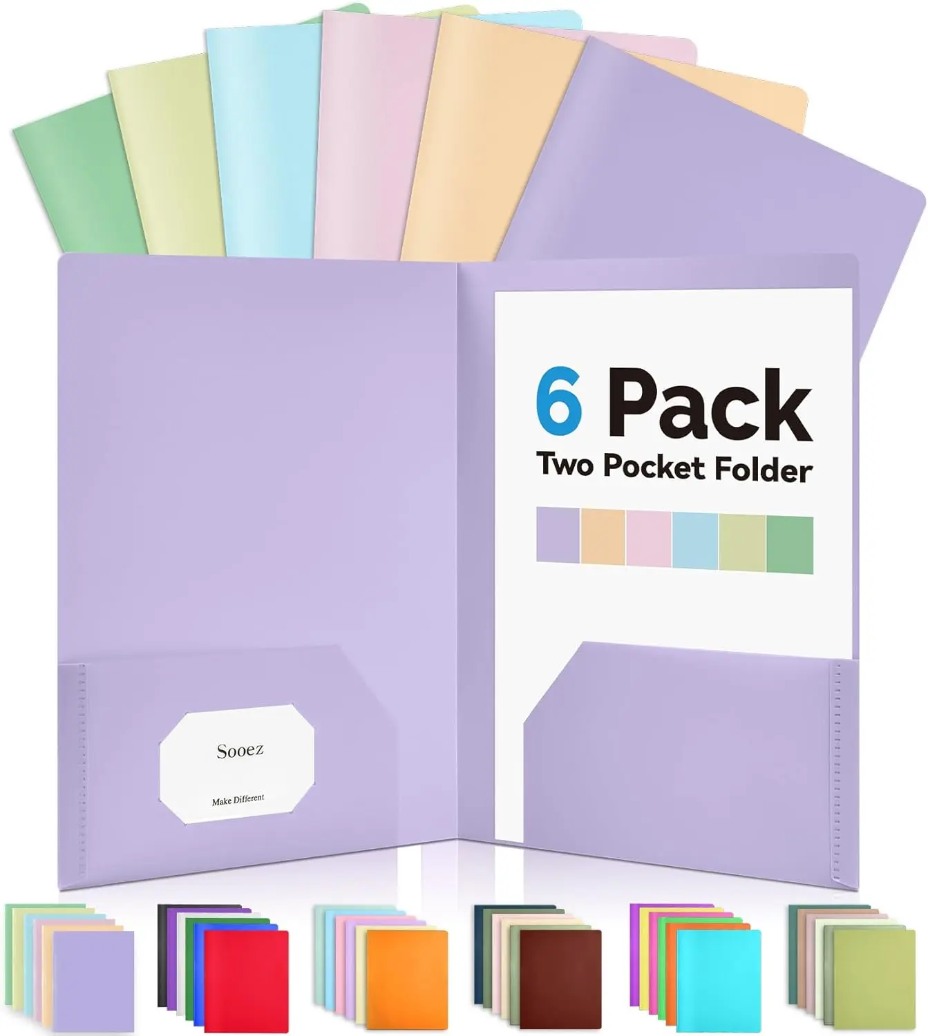 6Pack Folders with Pockets, Pastels Colors, Heavy Duty Pocket Folder, Plastic Folders with Pockets, 2-Pocket Folder Bulk, Aesthetic File Folder, Back to School Office Filing Supplies Sooez
