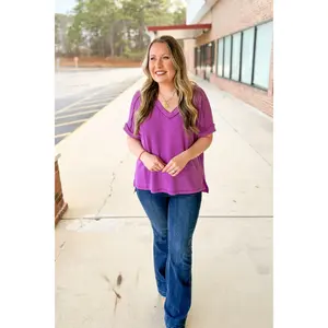 Teri V-Neck Ribbed Top, Light Plum