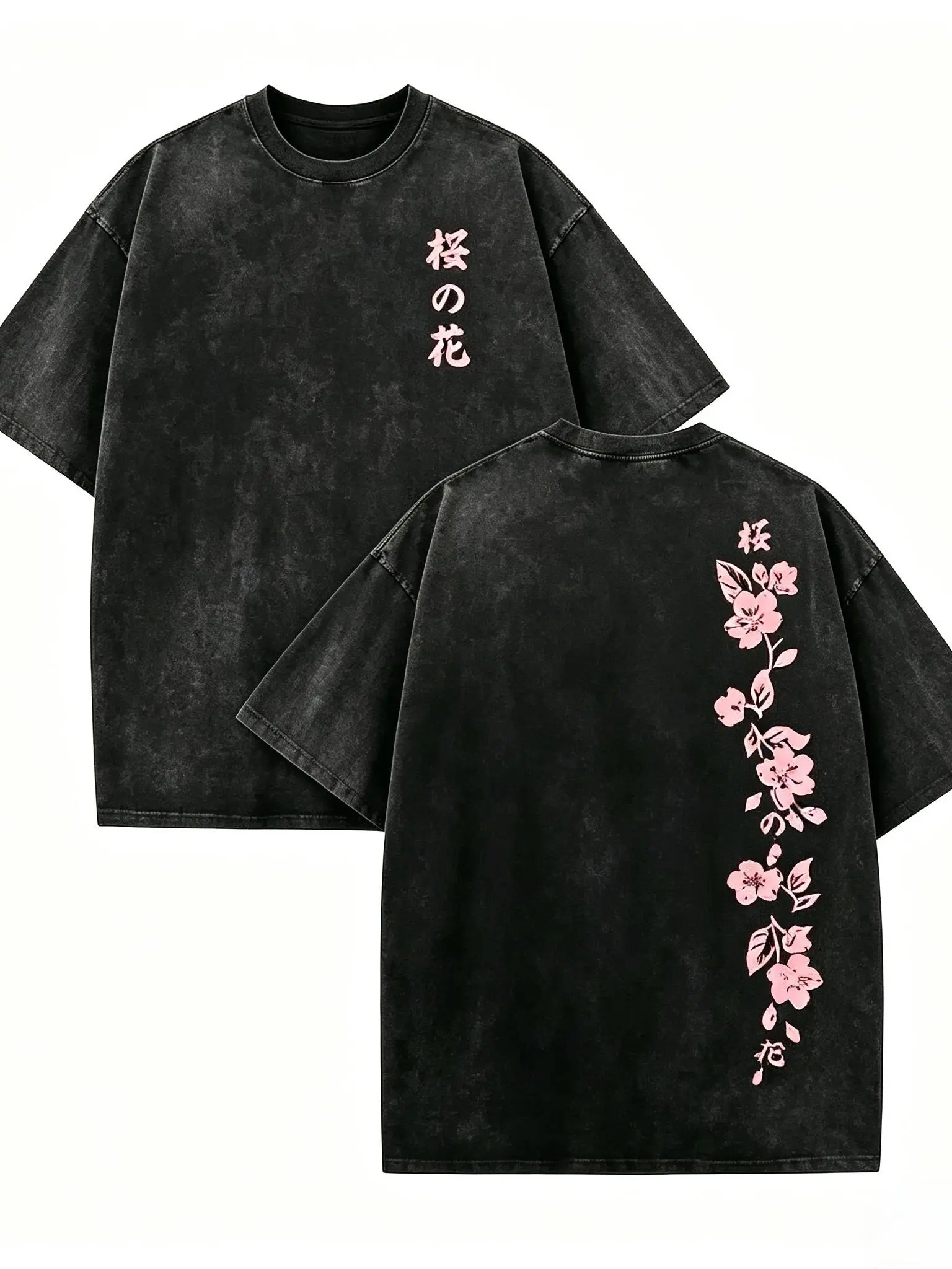 Japanese Sakura Cherry Blossom Y2K Double-Sided Mineral Wash Oversized T-Shirt, Pink Floral Kanji Vintage Washed Tee, Harajuku Aesthetic Loose Cotton Top, Oriental Streetwear Graphic Shirt Gift For Anime & Japan Lovers