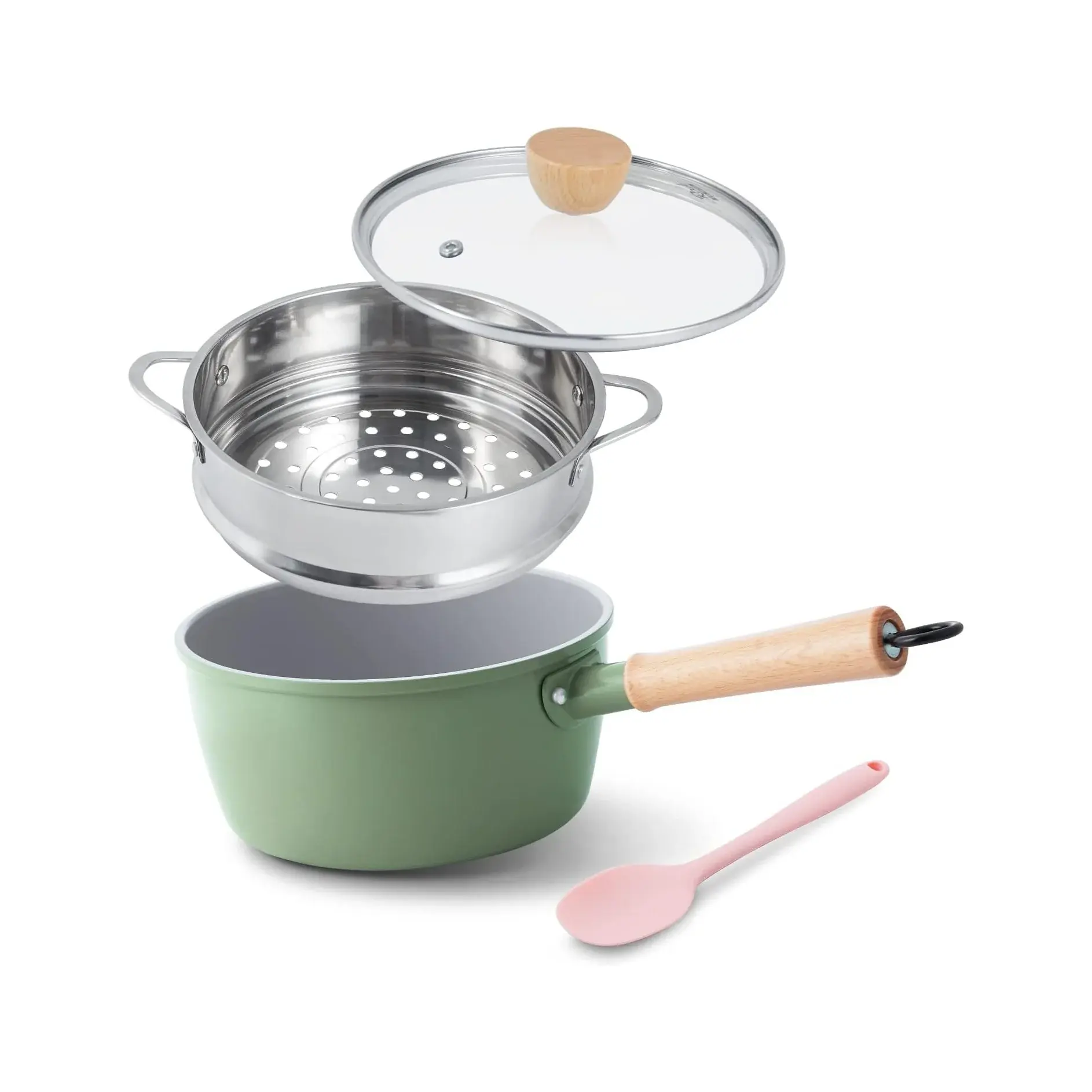 2-in-1 Nonstick Saucepan with Steamer Insert – PFAS-Free, 2QT Ceramic Pot, Wooden Handle (Fits All Stovetops)