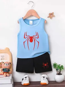Boys Spring Summer New 2-Piece Vest Shorts Set, Spider Pattern Print, Breathable Skin-Friendly, Casual Streetwear