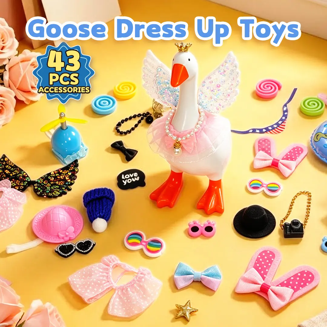 43-Piece 7in Desk Goose Costume Kit, Mixed-Style Outfits Accessories with Wings, Hats, Sunglasses, Necklaces & Props, Funny Magnetic Porch Goose Key Holder Decor for Doll Making DIY