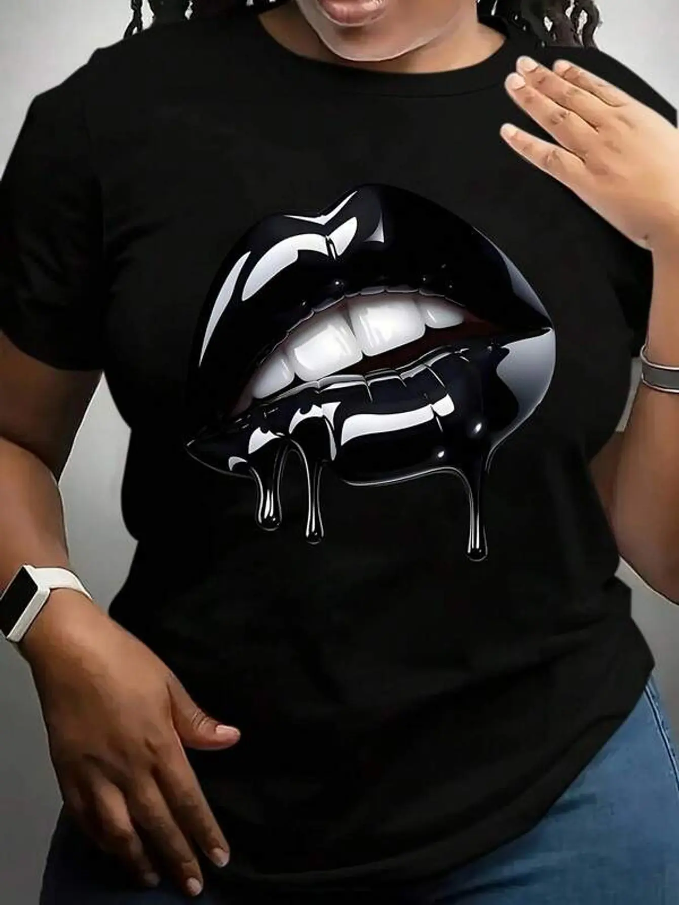Women'S Lips Print T-Shirt - With Glossy Lip Design, Breathable Round Neck Short Sleeve Casual Top, All-Season Fit For Casual Attire & Statement Outfits, Versatile Basic Tee For Layering Standalone Style