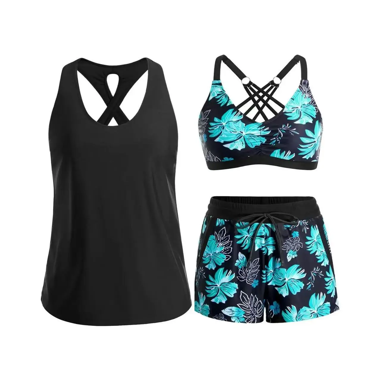 3 Piece Modest Tankini Bathing Suit Women Underwire Criss Cross Bikini Top Tropical Swim Shorts Solid Crossback Tank Cover Up Athletic Swimsuit Set