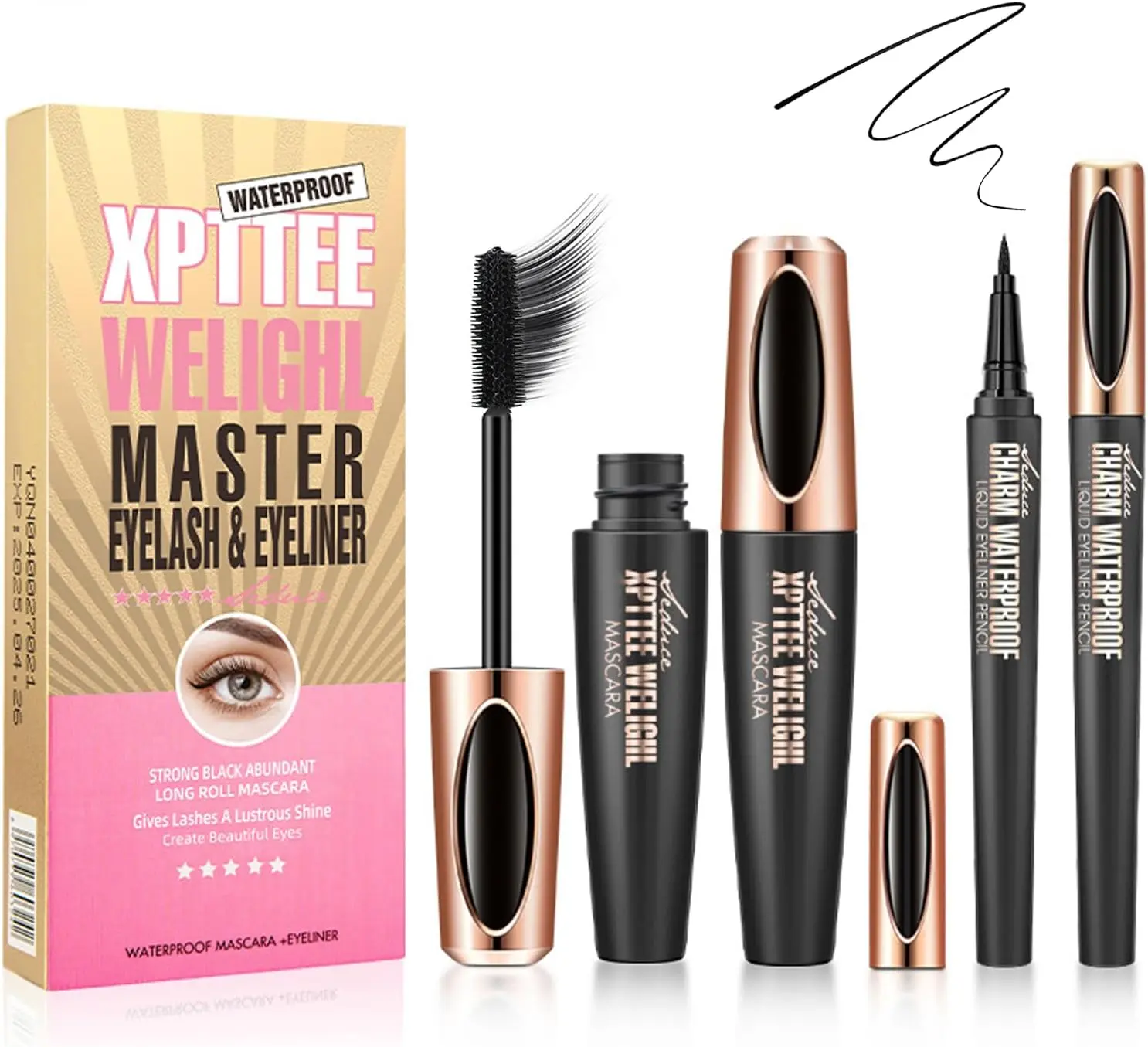 Mascara and Eyeliner Set - 4D Silk Fibre Water Proof Cosmetic Kit for Flawless Lash Volume & Length - Quick-Drying, Smudge-Proof & Hypoallergenic Makeup for Women