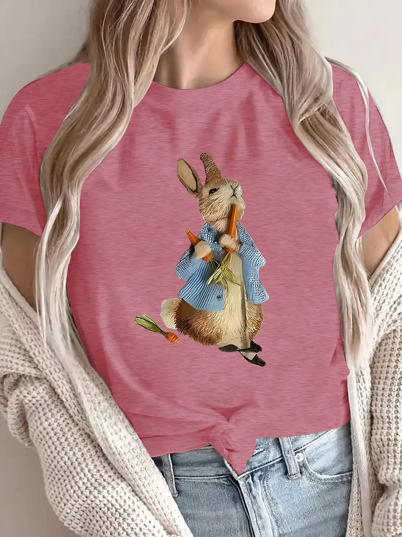 Women's Casual Short Sleeve T-Shirt, Cute Peter Rabbit Print, Soft Breathable Fabric, Round Neck, All Seasons Wear