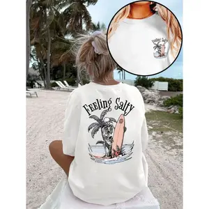 Women's short-sleeve cotton patterned T-shirt, featuring a salty surf skull print, suitable for beach vacations, casual summer wear, round neck, soft and breathable, ideal for everyday wear