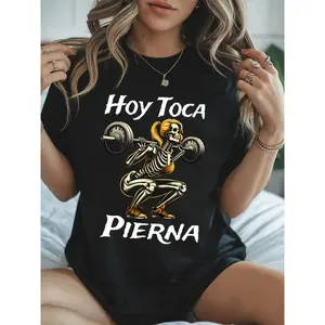 [Villainous Side]Women's Gym T-shirt, "Hoy toca Pierna" + skull weightlifting, black spring-summer
