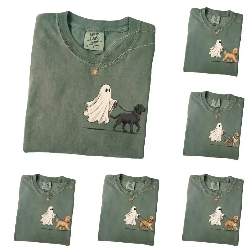 Comfort Colors Halloween 50+ Dog Breeds Ghost Walking Dog Halloween Shirt, Cute Ghost Pocket Print Tee for Dog Moms, Spooky Season Fall Graphic T-Shirt, Funny Halloween Gift for Dog Lovers