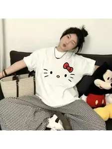 Hello Kitty Cartoon 2025 Simple Loose Cute Round Neck Casual Trend Summer Short Sleeved T-shirt Fashion Y2K Top T-shirt