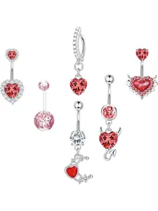 6pc Belly Ring Set - Hypoallergenic Steel 14G Dangle Belly Button Piercing Navel Piercing Jewelry - Heart CZ Stones Silver, Pink, Blue, Red
