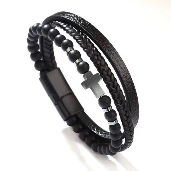 Multi Layer Braided Leather Beaded Cross Bracelet For Men Black Matte Stone Wristband Magnetic Clasp Jewelry Gift