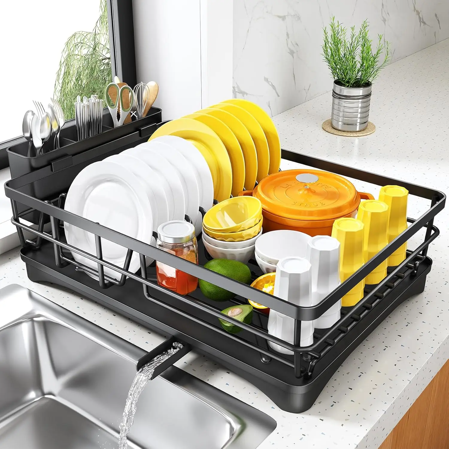 Kitchen Countertop Dish Drying Rack - Large Dish Rack with Drainboard, Rustproof Dish Drainer, with Utensil Holder, Suitable for Sink, Black pantry organization