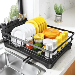 Kitchen Countertop Dish Drying Rack - Large Dish Rack with Drainboard, Rustproof Dish Drainer, with Utensil Holder, Suitable for Sink, Black