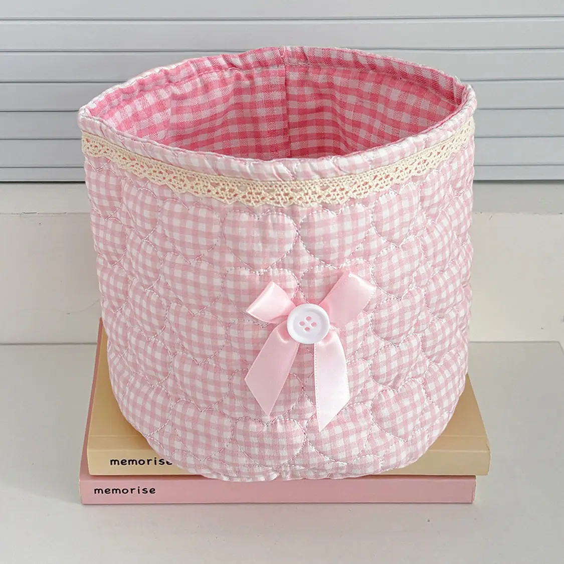 Sweetheart Lace Cylindrical Storage Basket – [Pink Checkered]