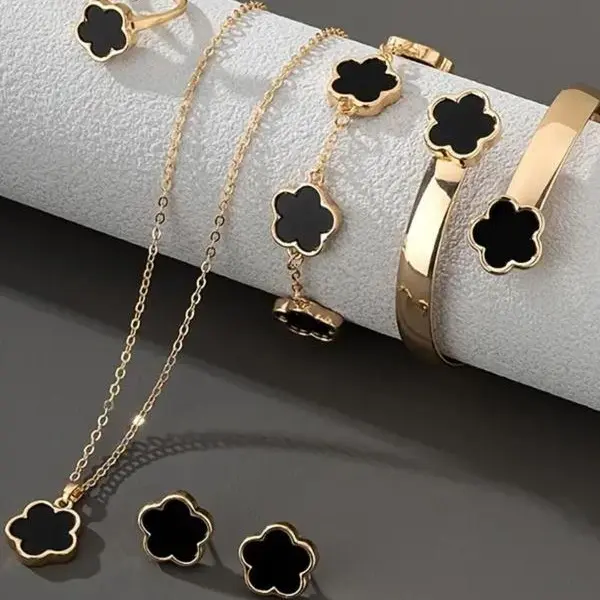 Lucky Flower Design Jewelry Set, Fashion Necklace & Ring & Bracelet & Earrings, Casual Jewelry Set for Women, Trendy All-match &Exquisite Jewelry Set for Gift
