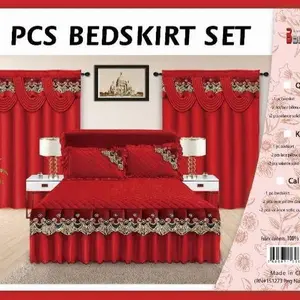 PCS BEDSKIRT SET - Red Satin with Embroidered Flowers and Beads 100% Polyester Made in China