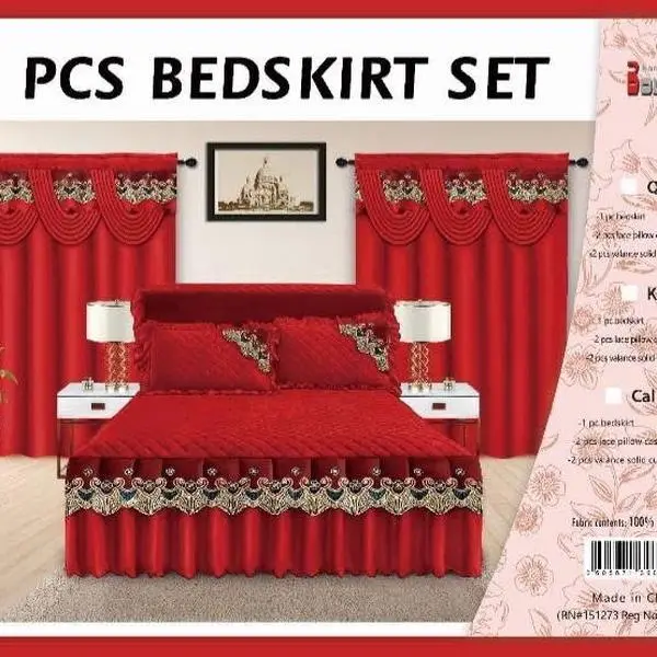 PCS BEDSKIRT SET - Red Satin with Embroidered Flowers and Beads 100% Polyester Made in China