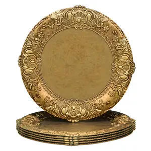 6 pcs 13 Inches Antique Gold Round Plastic Charger Plates with Embossed Rim for Wedding Table Decor Chargers