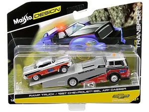 1957 Chevrolet Bel Air Gasser #786 Silver and Red with Ramp Tow Truck "Elite Transport" 1/64 Diecast Models by Maisto