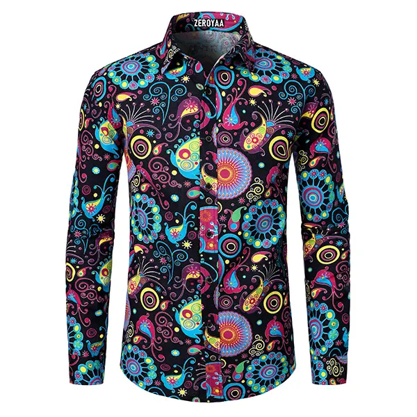 ZEROYAA Men's 60s-70s Hippie Vintage Long Sleeve Button-Up Shirt | Stylish Printed Ethnic Traditional Classic Tops with Paisley Floral Fabric for Disco Occasions