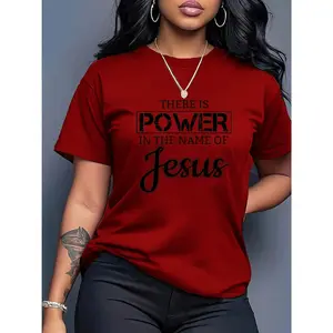 100% Cotton Women's Casual Short Sleeve T-Shirt - "Jesus Power" Inspirational Pattern Print, Beige Crew Neck Top, Medium Stretch Fabric, Machine Washable for Daily Comfort, All-Season Artistic Letter Design, Non-See-Through Material Fit Printed Tee