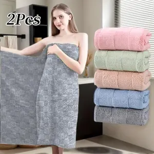 2pcs Bath Towel Set for Women - Water Absorption Quick Dry Towel with Plaid Design, Towel for Bathroom, Soft Large Towel Bath Sheet for Gym, Camping, SPA - Absorbent Breathable Towel - Bath Hand Towel (Multiple Colors) - Holiday Gift Set, Guest Towel