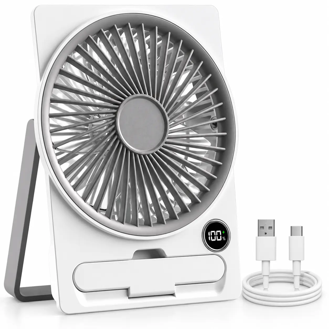 Mini Portable Cordless Desk Fan with Quiet Motor, Compact Form, 6-Speed Adjustable USB-C Rechargeable, Digital Battery Display, Phone Stand, 180° Adjustable Foldable for Home, Travel