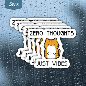 5Pcs Vibes Tabby Cat "Zero Thoughts, Just Vibes" Waterproof Vinyl Sticker, Self-Adhesive Decal, Suitable For Water Bottles, Laptops, Cars, Tablets, Ideal For Cat Lovers, Laid-Back Fans And Chill Vibe Enthusiasts