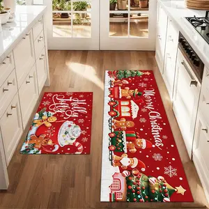 2Pcs Christmas And New Year Printed Kitchen Floor Mat Gingerbread Man Car Christmas Tree Red Background Floor Mat Set Farmhouse Kitchen Carpet Restaurant Floor Laundry Room Decoration Carpet Mat Home Decorative Rug, Home Decor Rugs